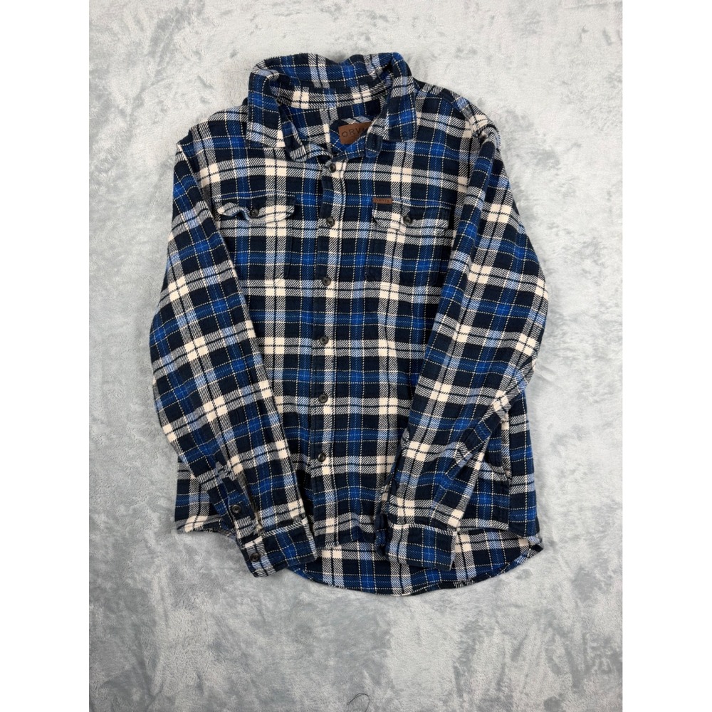 Orvis Mens Blue Plaid Flannel Button Down Shirt Large Long Sleeve Pockets